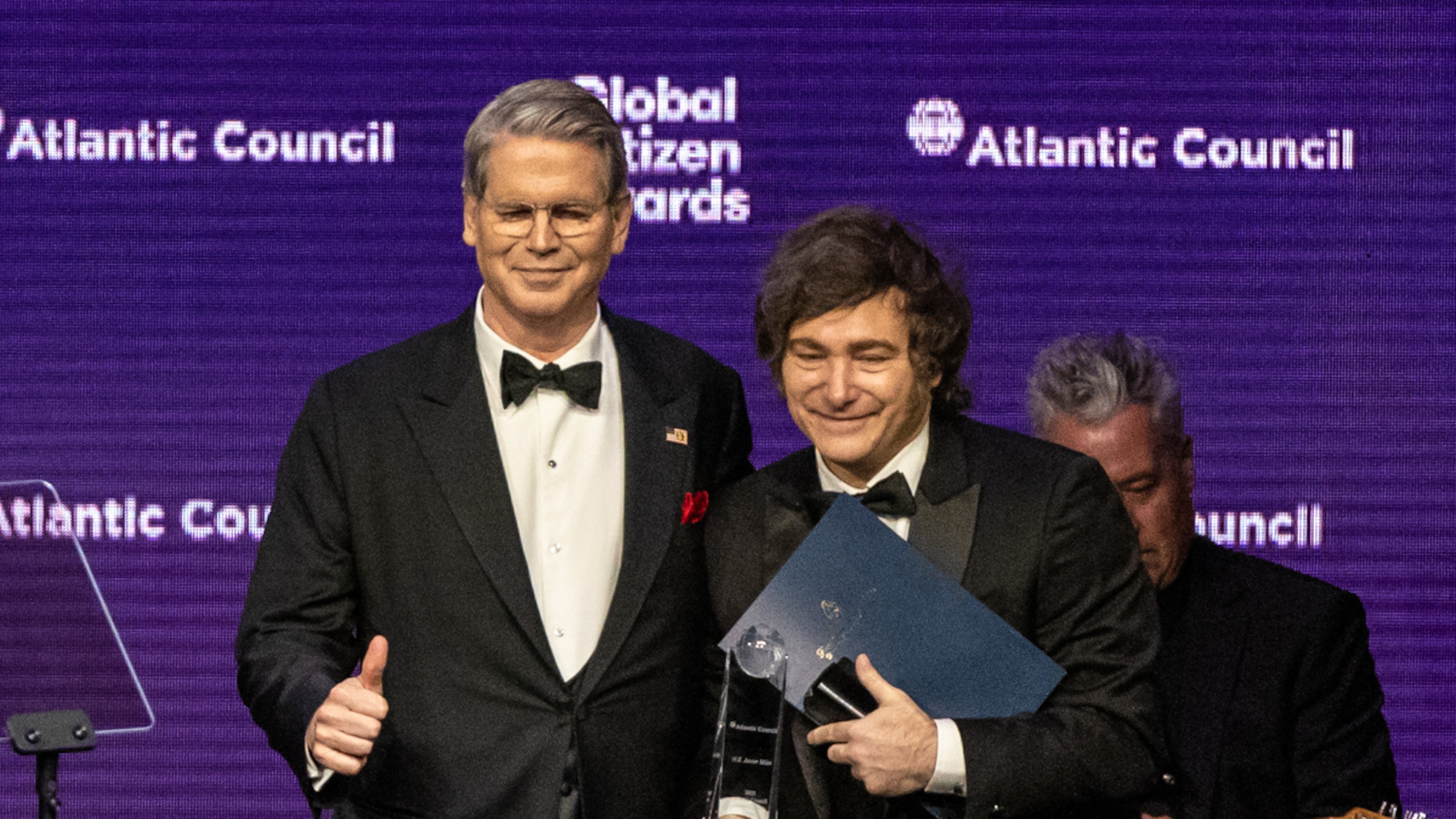 United States Secretary of the Treasury, Scott Bessent presents an award to the President of Argentina Javier Milei at the Global Citizen Awards ceremony, Wednesday, Sept. 24, 2025, in New York. (AP Photo/Stefan Jeremiah)