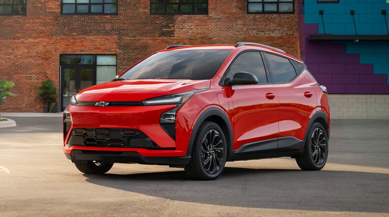 This photo provided by Chevrolet shows the 2027 Bolt. The affordable EV is back on the market and has more range, quicker charging and improved technology features. (Courtesy of General Motors via AP)