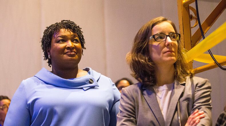 Stacey Abrams, left, founded Fair Fight following her loss in Georgia's 2018 race for governor, and Lauren Groh-Wargo was its first CEO. Groh-Wargo is returning as an interim CEO to lead a "restructuring" of the organization as it faces $2.5 million in debt with only $1.9 million in cash in the bank. Abrams is likely to play a yet-to-be determined role in the overhaul. (Alyssa Pointer/Atlanta Journal-Constitution/TNS)
