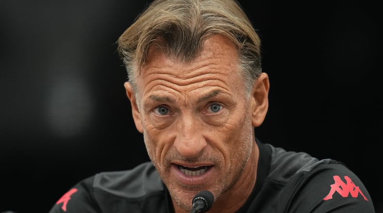 Hervé Renard speaks during a news conference, Tuesday, June 16, 2026, in Santiago Nuevo Leon, near Monterrey, Mexico, after being named the new coach for Tunisia's World Cup soccer team. (AP Photo/Dolores Ochoa)