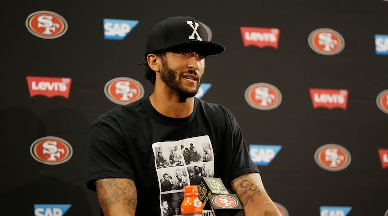 San Francisco 49ers quarterback Colin Kaepernick answers questions at a news conference after an NFL preseason football game against the Green Bay Packers Friday, Aug. 26, 2016, in Santa Clara, Calif. Green Bay won the game 21-10. (AP Photo/Ben Margot)