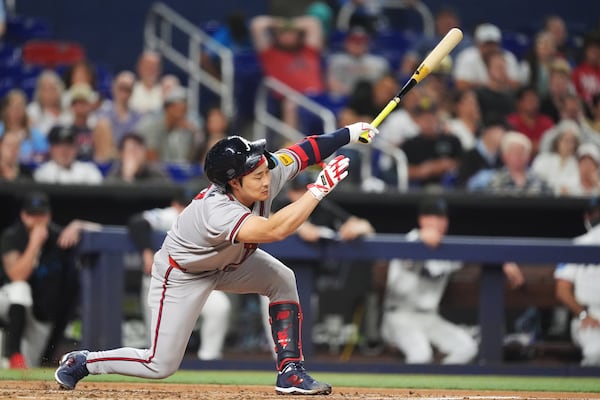 Ha-Seong Kim strikes out swinging. (Rebecca Blackwell/AP)
