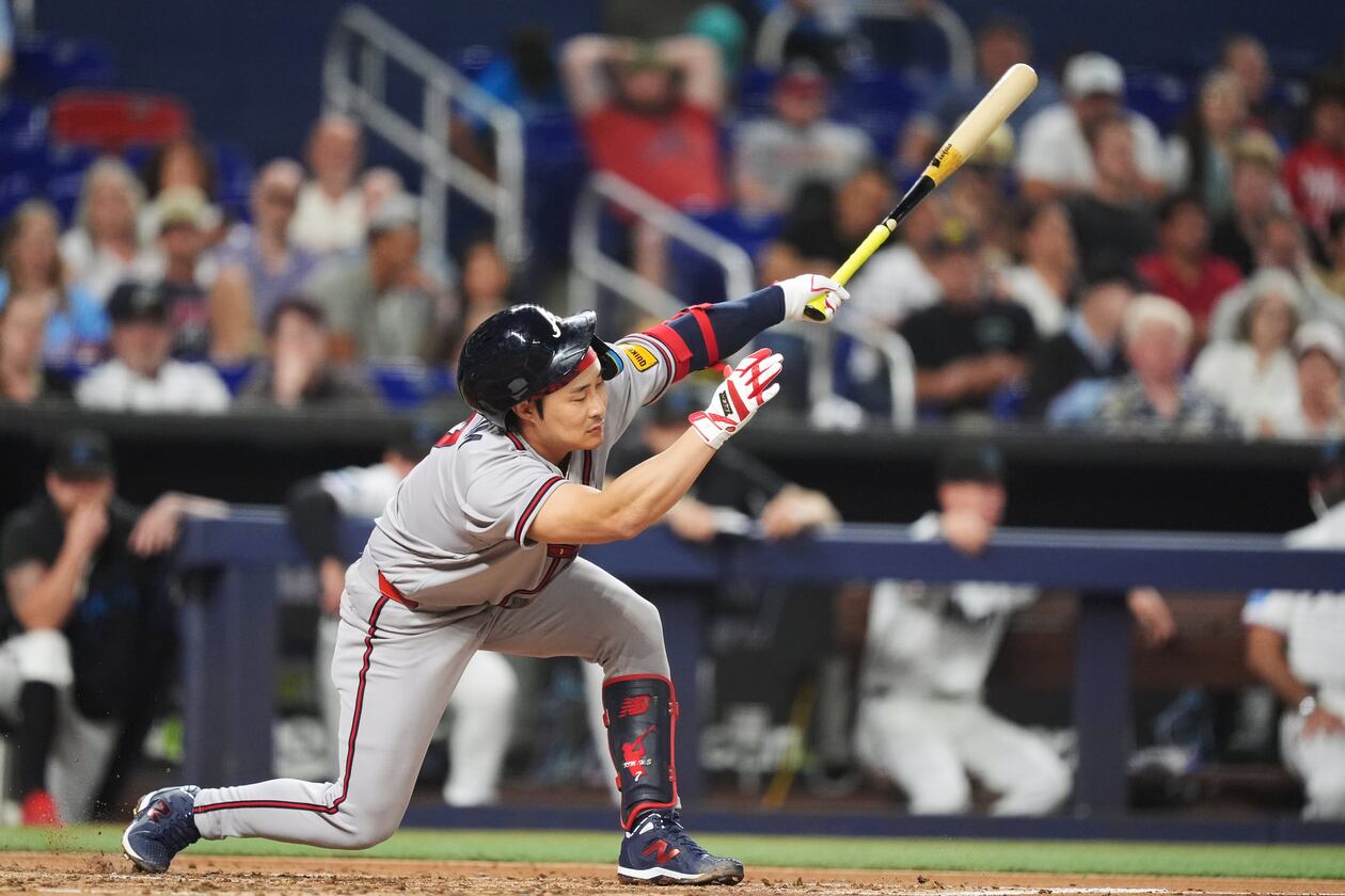 Atlanta Braves' Ha-Seong Kim strikes out swinging during game against the Miami Marlins on Monday, May 18, 2026. (Rebecca Blackwell/AP)