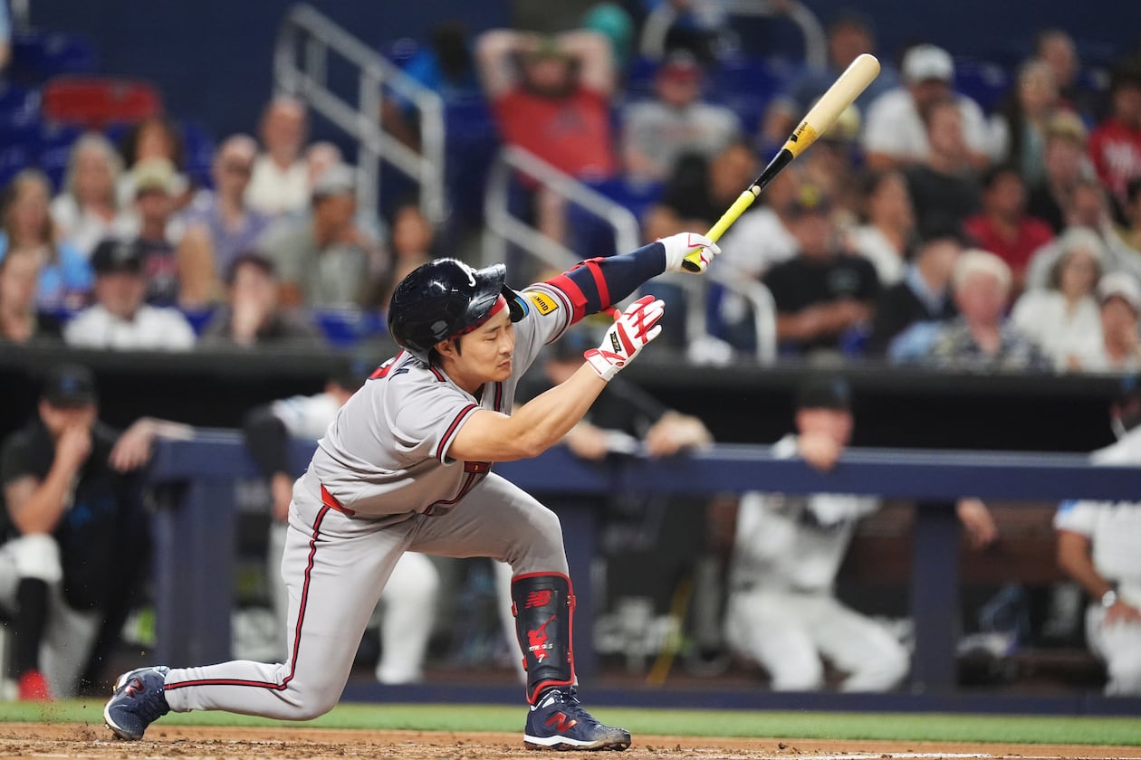 The Braves' Ha-Seong Kim — pictured striking out against the Marlins in May — was batting .068 when he was placed on the injured list. (Rebecca Blackwell/AP)