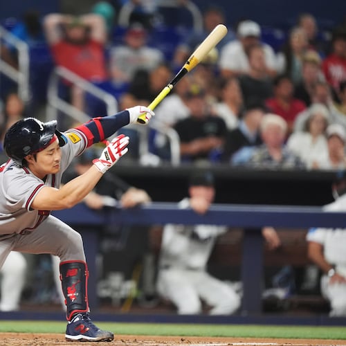 Atlanta Braves' Ha-Seong Kim strikes out swinging during game against the Miami Marlins on Monday, May 18, 2026. (Rebecca Blackwell/AP)
