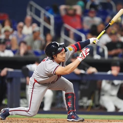 The Braves' Ha-Seong Kim — pictured striking out against the Marlins in May — was batting .068 when he was placed on the injured list. (Rebecca Blackwell/AP)