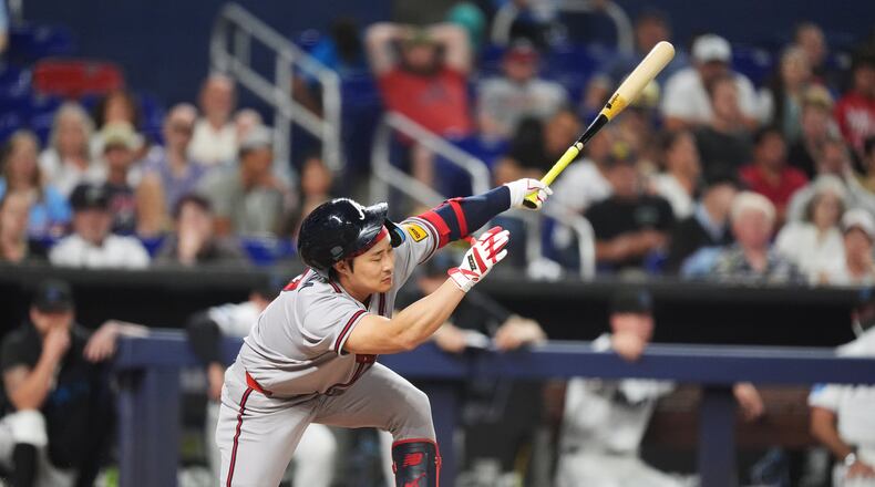 Atlanta Braves' Ha-Seong Kim strikes out swinging during game against the Miami Marlins on Monday, May 18, 2026. (Rebecca Blackwell/AP)