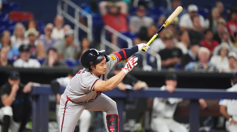 The Braves' Ha-Seong Kim — pictured striking out against the Marlins in May — was batting .068 when he was placed on the injured list. (Rebecca Blackwell/AP)