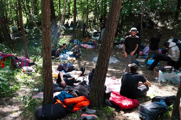 Migrants wait in the Ecault forest, northern France, Thursday, July 3, 2025. (AP Photo/Nicolas Garriga)