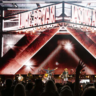 Georgia natives Jason Aldean and Luke Bryan perform together for the first "Live Between the Hedges Concert Presented by PruittHealth" at Sanford Stadium, home of the University of Georgia football team, Saturday, April 25, 2026, in Athens. (Akili-Casundria Ramsess/EyeAkili Media)