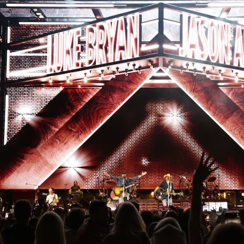 Georgia natives Jason Aldean and Luke Bryan perform together for the first "Live Between the Hedges Concert Presented by PruittHealth" at Sanford Stadium, home of the University of Georgia football team, Saturday, April 25, 2026, in Athens. (Akili-Casundria Ramsess/EyeAkili Media)