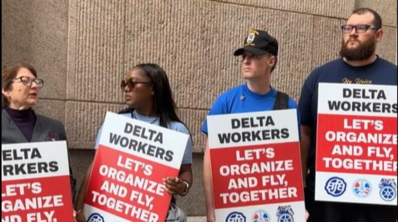 Union organizers gathered outside a Delta Air Lines annual shareholder meeting in New York. Source: Facebook Live