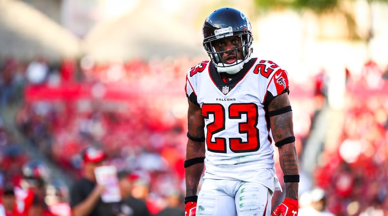 TAMPA, FL - DECEMBER 30: Cornerback Robert Alford #23 of the Atlanta Falcons reacts after breaking up the 2-point attempt by the Tampa Bay Buccaneers in the fourth quarter of the game at Raymond James Stadium on December 30, 2018 in Tampa, Florida. (Photo by Will Vragovic/Getty Images)