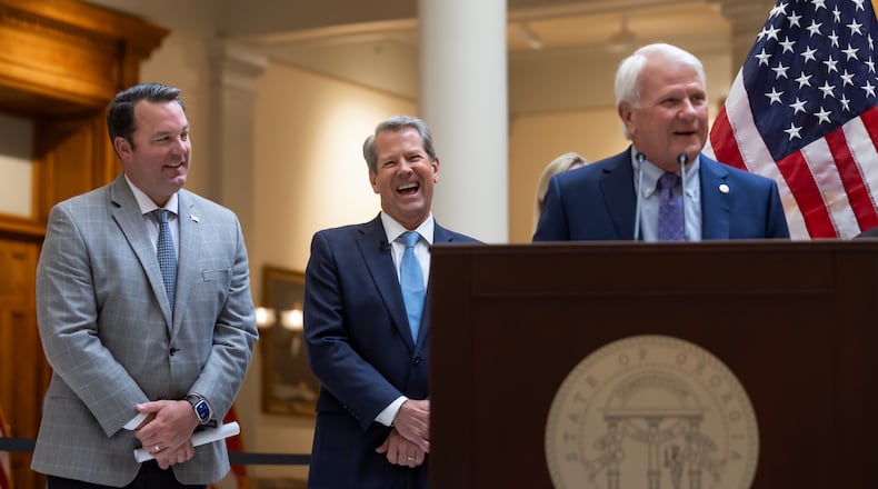 Lt. Gov. Burt Jones, from left, Gov. Brian Kemp and House Speaker Jon Burns are among the figures who will shape the 2025 session of the General Assembly. (John Spink/AJC)
