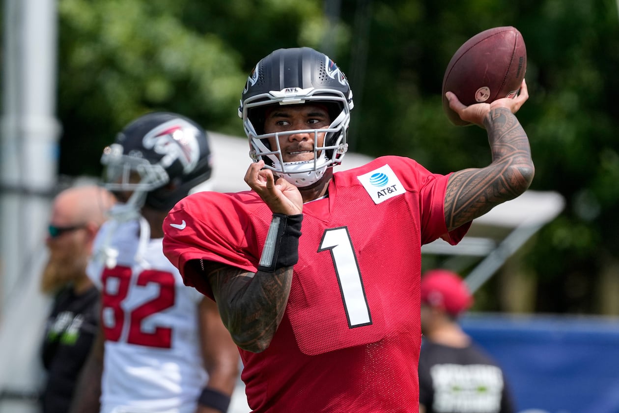 Falcons quarterback Tua Tagovailoa throws during a joint practice with the Colts on Wednesday, Aug. 19, 2026, in Westfield, Ind. Tagovailoa went 8-for-13 in full-squad reps and 3-for-3 in 7-on-7s. (Michael Conroy/AP)