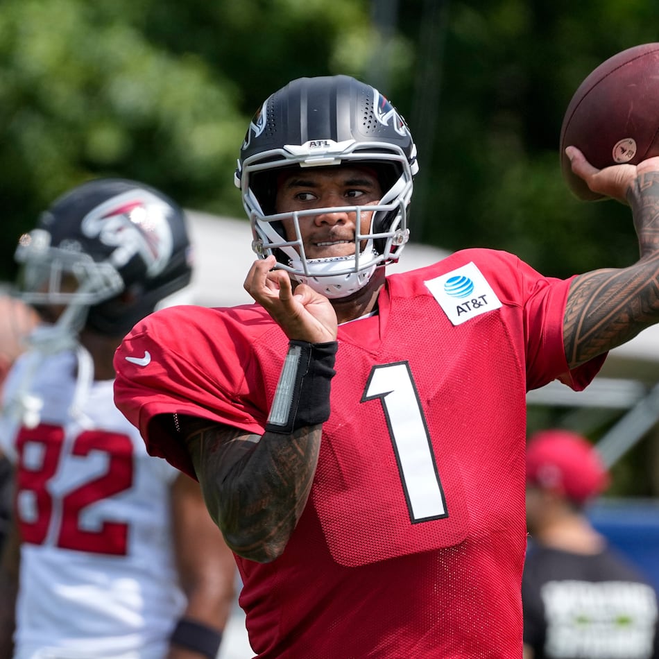Falcons quarterback Tua Tagovailoa throws during a joint practice with the Colts on Wednesday, Aug. 19, 2026, in Westfield, Ind. Tagovailoa went 8-for-13 in full-squad reps and 3-for-3 in 7-on-7s. (Michael Conroy/AP)