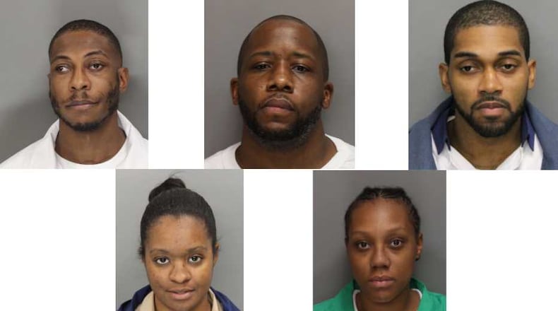 Mugshots of (left to right on the top row) Joseph Brown, Desmond Post, Jarvis Butts and (left to right on the bottom row) Darchelle Arnold and Rolaunda Fripp