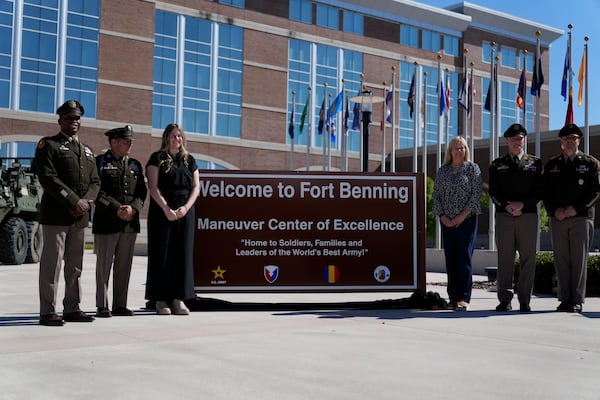 Ms. Sue Conger-Williams, right, Fred Benning's granddaughter joined Army military officials during a ceremony at Fort Benning, honoring new namesake on Wednesday, April 16, 2025, in Fort Benning, Ga. (AP Photo/Brynn Anderson)