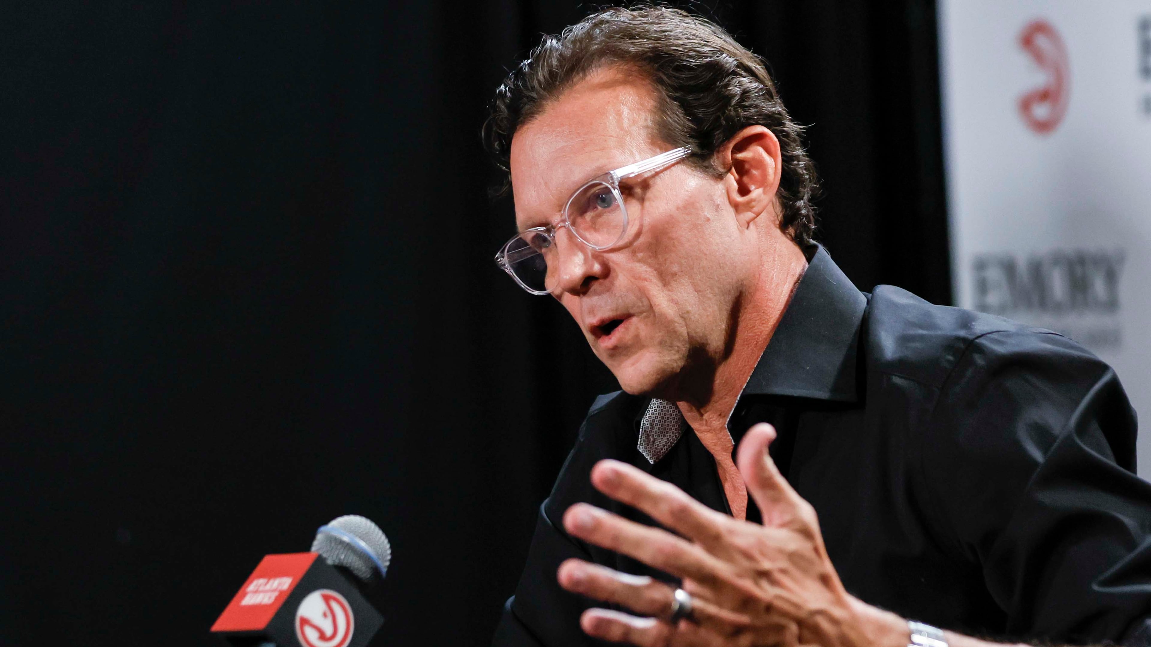 Atlanta Hawks head coach Quin Snyder addresses the press during media day at PC&E Atlanta on Sept. 29, 2025, in Atlanta. (Miguel Martinez/AJC)