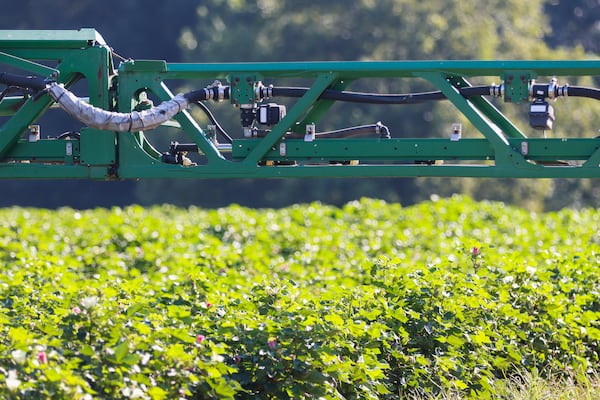 A sprayer is shown parked in a cotton field near Madison, Friday, Aug. 15, 2025. (Abbey Cutrer/AJC)