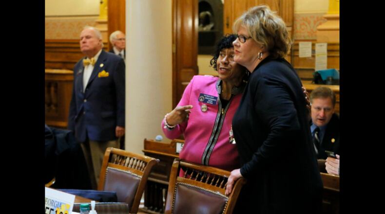 2/7/18 - Atlanta - Senator Renee Unterman (right), R - Buford, and Senator Valencia Seay, R - Riverdale, watch the vote come in for SB 352, which Underman sponsored, one of two omnibus bills the senate passed today that aim to get control of the opioid crisis in Georgia. BOB ANDRES /BANDRES@AJC.COM