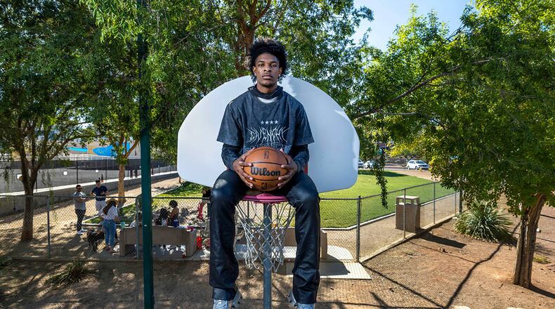 Scoot Henderson of G League Ignite on Saturday, Oct. 1, 2022, in Henderson, Nevada. He takes a break from practice hanging out on the basketball court at Dos Escuelas Park not far from his home. (L.E. Baskow/Las Vegas Review-Journal/TNS)