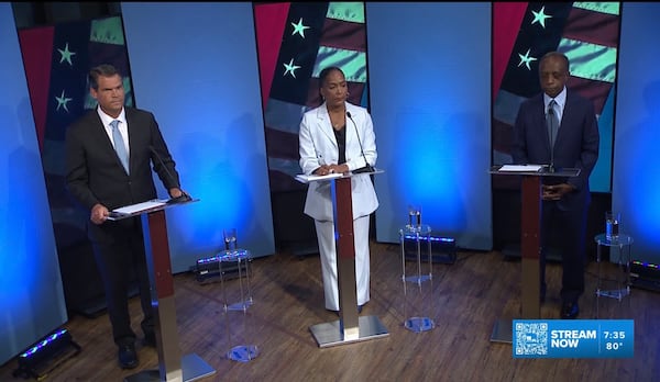 A screenshot of the Nexstar debate featuring (from left) former Lt. Gov. Geoff Duncan, former Atlanta Mayor Keisha Lance Bottoms and former DeKalb chief executive Michael Thurmond. 