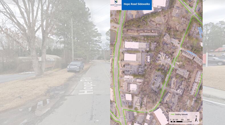 Sandy Springs anticipates using grant funds to begin construction on the Hope Road Sidewalk project. (Courtesy City of Sandy Springs and Google Maps)