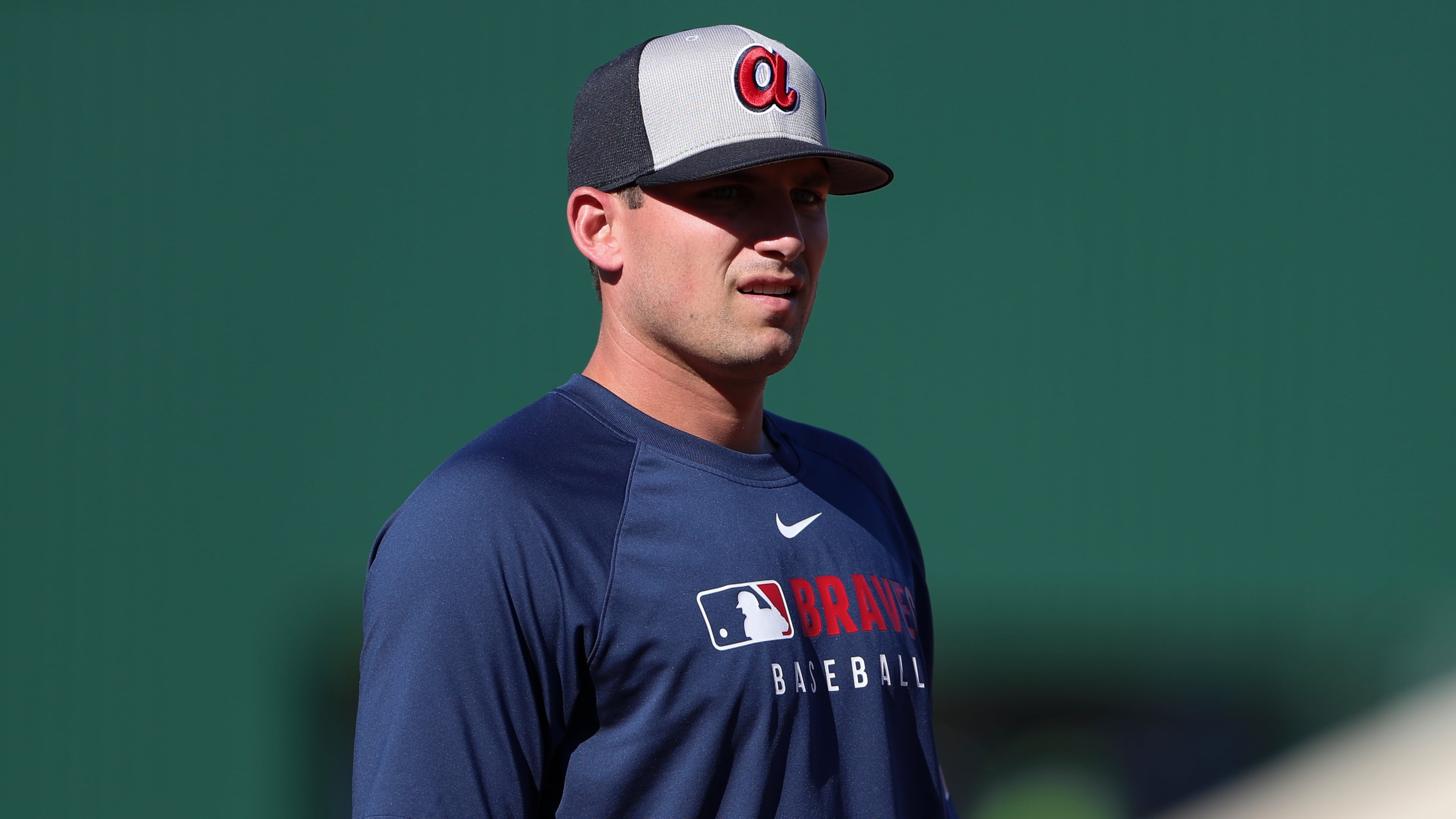 Atlanta Braves' Austin Riley looks on during batting practice before a baseball game against the Athletics, Tuesday, July 8, 2025, in West Sacramento, Calif. (Scott Marshall/AP)