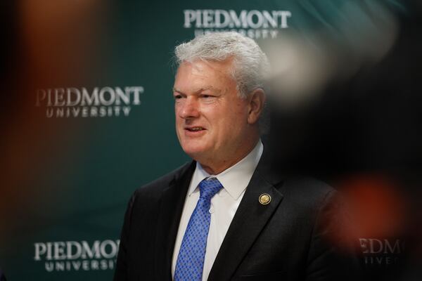 U.S. Rep. Mike Collins speaks to reporters after touring the Piedmont University Nursing Facility with Medicare & Medicaid Services Administrator Dr. Mehmet Oz on Sunday in Athens. (Miguel Martinez/AJC)