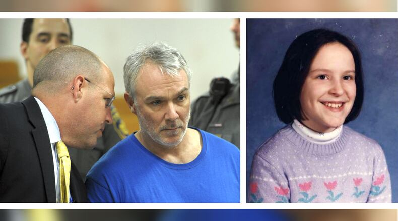 Marc Karun listens to his attorney Monday, June 17, 2019, during his arraignment in Norwalk Superior Court in Norwalk, Conn. Karun, 53, of Stetson, Maine, was arrested last week and charged with murder with special circumstances and first-degree kidnapping in the 1986 killing of 11-year-old Kathleen Flynn, at right, of Norwalk. The middle school student was raped and strangled as she walked home from school.