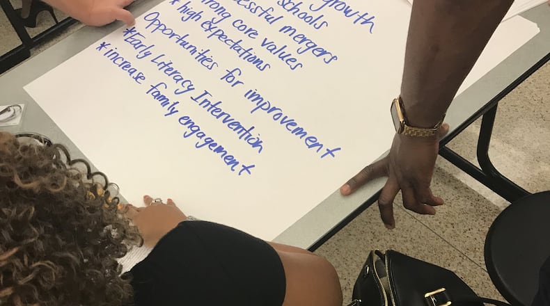 Strategic planning participants write down strengths and weaknesses during an Atlanta Public Schools’ community meeting held at Douglass High School on Sept. 18, 2019. VANESSA McCRAY/AJC