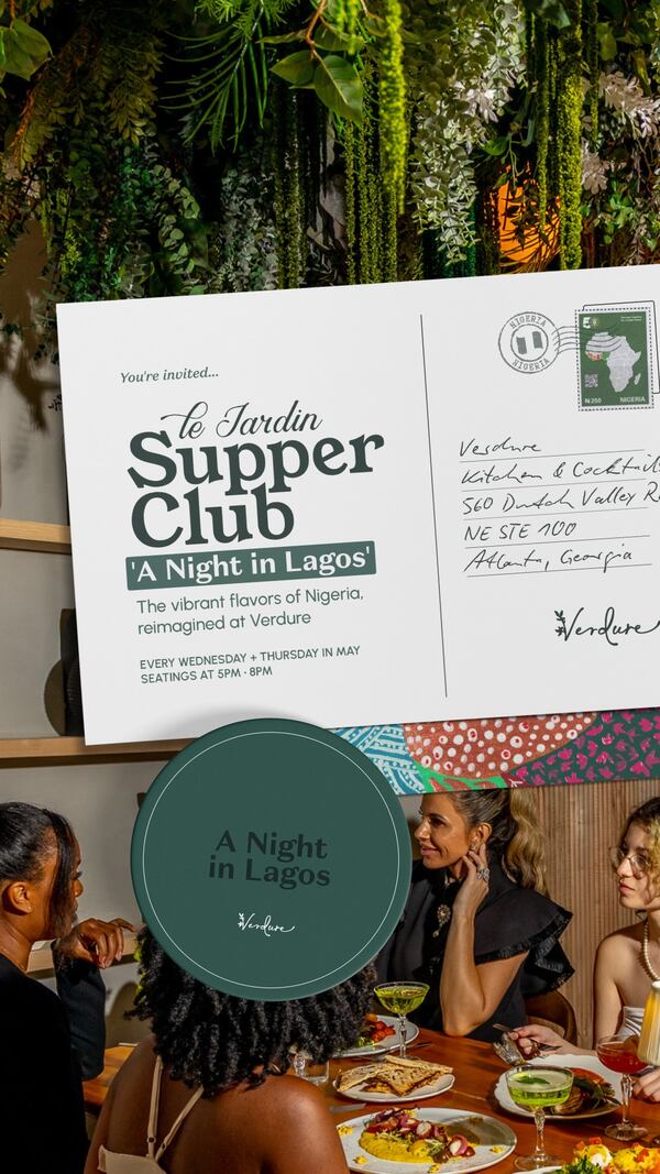 The flyer is designed to look like a postcard is layered on a photograph, held up by a magnet. The postcard has the details of the supper club event. The magnet has the name of the event, "A Night in Lagos." The photo shows several well-dressed young women enjoying a meal at a table.