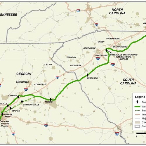 A proposed high-speed rail from Atlanta to Charlotte, North Carolina, is one of three Georgia projects that will receive $500,000 in planning money from the Biden administration. But no timetable has been identified for construction. (Courtesy of Georgia Department of Transportation)
