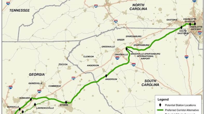 State and federal officials have identified a preferred route for high-speed rail from Atlanta to Charlotte. (Courtesy of Georgia Department of Transportation)