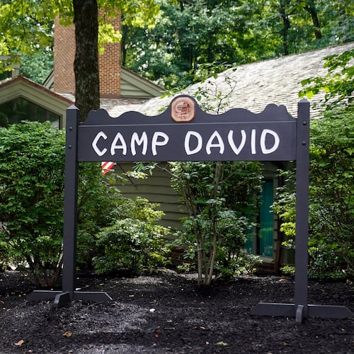 FILE - A sign for Camp David, the presidential retreat, is pictured near Thurmont, Md., Aug. 18, 2023. (AP Photo/Andrew Harnik, File)