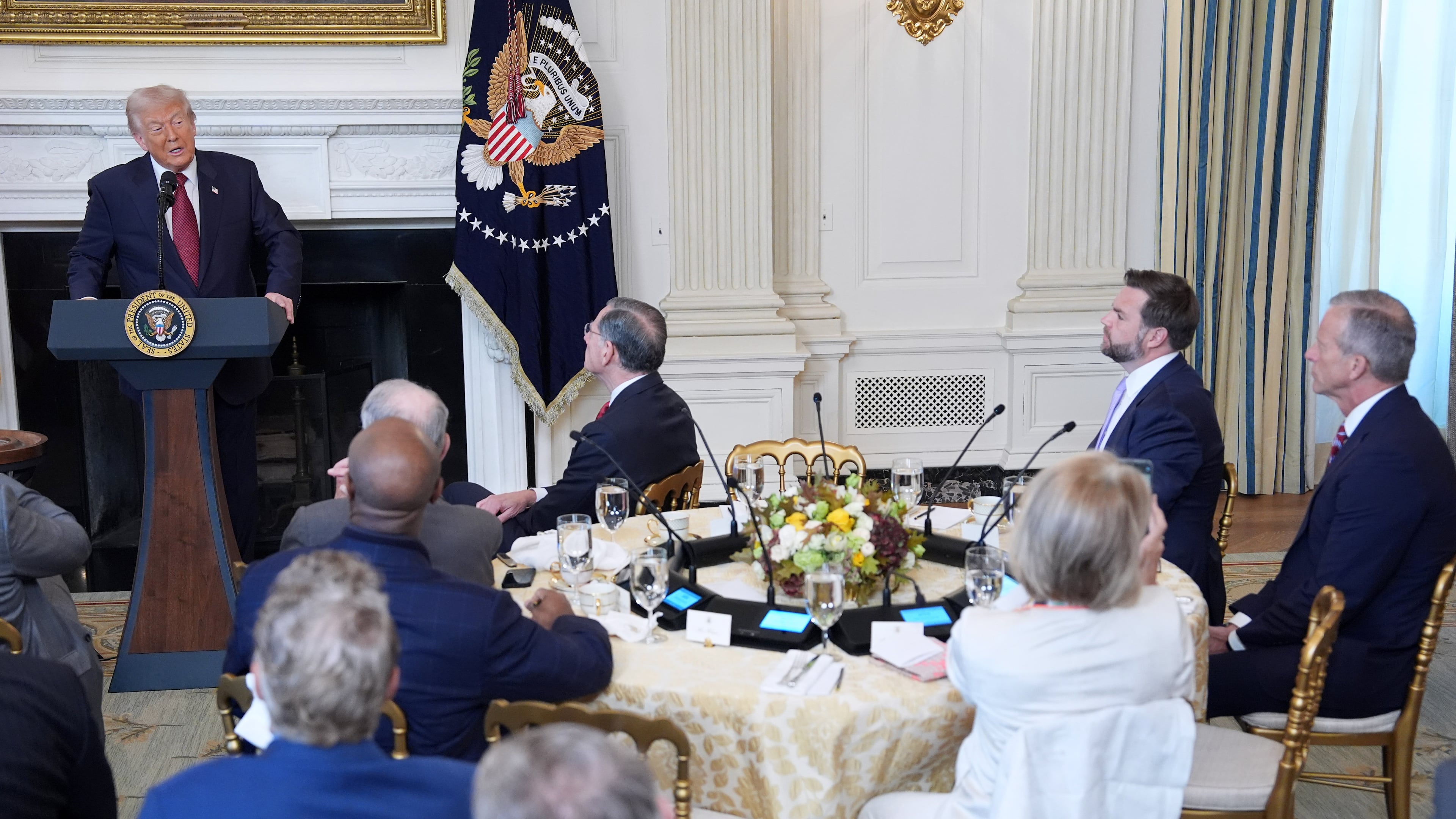 President Donald Trump speaks during a breakfast with Senate and House Republicans in the State Dining Room of the White House, Wednesday, Nov. 5, 2025, in Washington. Senate Majority Leader John Thune, R-S.D. and Vice President JD Vance, seated right. (AP Photo/Evan Vucci)