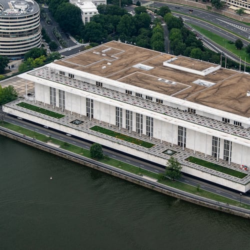 The Kennedy Center is seen from the air in Washington, Saturday, Aug. 15, 2026. (AP Photo/Alex Brandon)