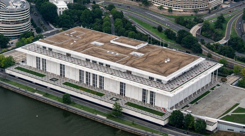 The Kennedy Center is seen from the air in Washington, Saturday, Aug. 15, 2026. (AP Photo/Alex Brandon)