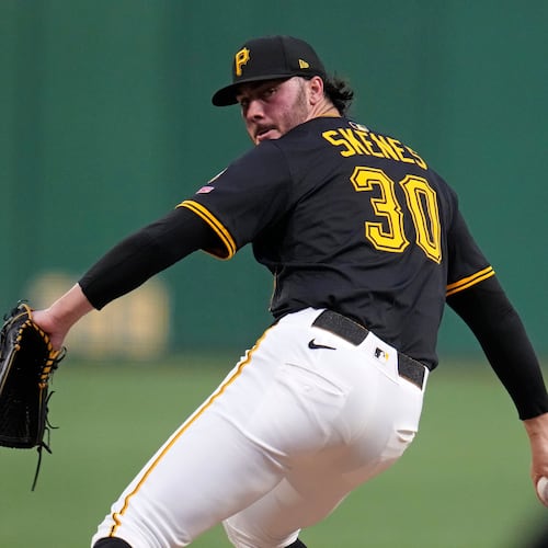 FILE - Pittsburgh Pirates pitcher Paul Skenes delivers during the second inning of a baseball game against the Chicago Cubs in Pittsburgh, Tuesday, Sept. 16, 2025. (AP Photo/Gene J. Puskar, File)