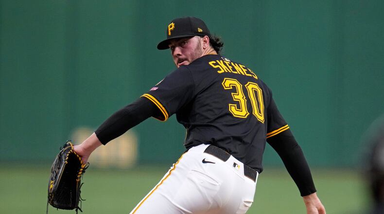 FILE - Pittsburgh Pirates pitcher Paul Skenes delivers during the second inning of a baseball game against the Chicago Cubs in Pittsburgh, Tuesday, Sept. 16, 2025. (AP Photo/Gene J. Puskar, File)