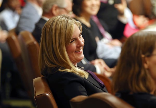 FILE - State Rep. Melissa Hortman, D-Brooklyn Park, smiles during the nomination process before she was elected speaker of the Minnesota House as the 2019 Legislature convened, in St. Paul, Minn., Jan. 8, 2019. (AP Photo/Jim Mone, File)