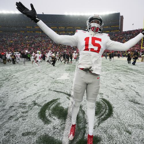 Ohio State Buckeyes defensive lineman Zion Grady celebrates after the team's win against Michigan in an NCAA college football game, Saturday, Nov. 29, 2025, in Ann Arbor, Mich. (AP Photo/Ryan Sun)