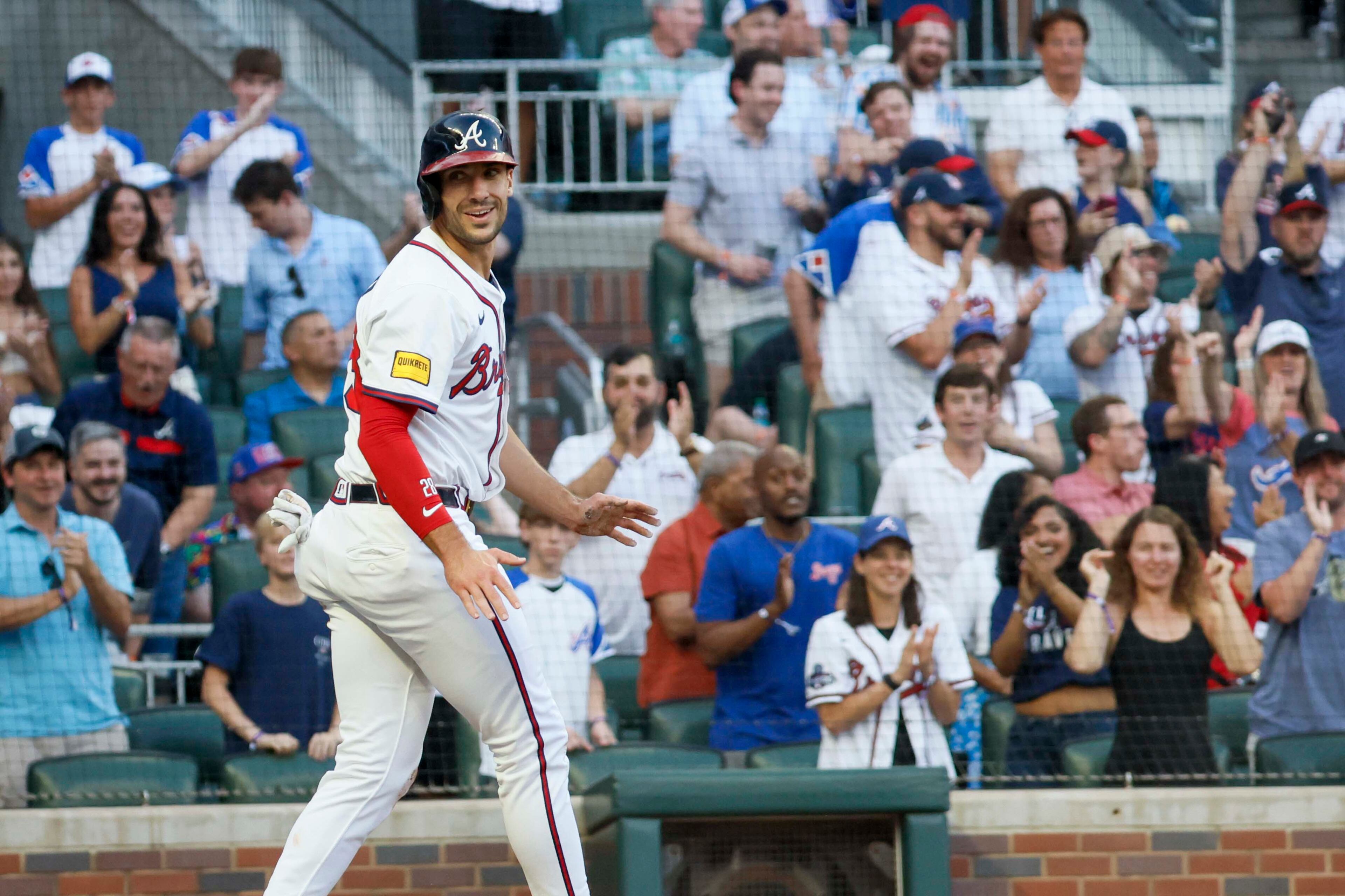 Atlanta Braves first baseman Matt Olson (28) smiles after scoring his team’s second run during the fourth inning against the Arizona Diamondbacks at Truist Park on Tuesday, June 3, 2025, in Atlanta.
(Miguel Martinez/ AJC)