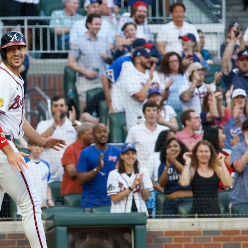 Atlanta Braves first baseman Matt Olson smiles after scoring his team’s second run against the Arizona Diamondbacks at Truist Park on Tuesday, June 3, 2025, in Atlanta.
(Miguel Martinez/AJC)