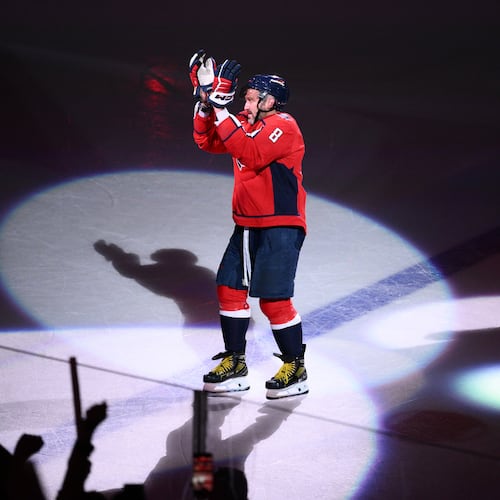 FILE - Washington Capitals left wing Alex Ovechkin reacts after he was named the first star after an NHL hockey game against the Pittsburgh Penguins, April 12, 2026, in Washington. (AP Photo/Nick Wass, File)