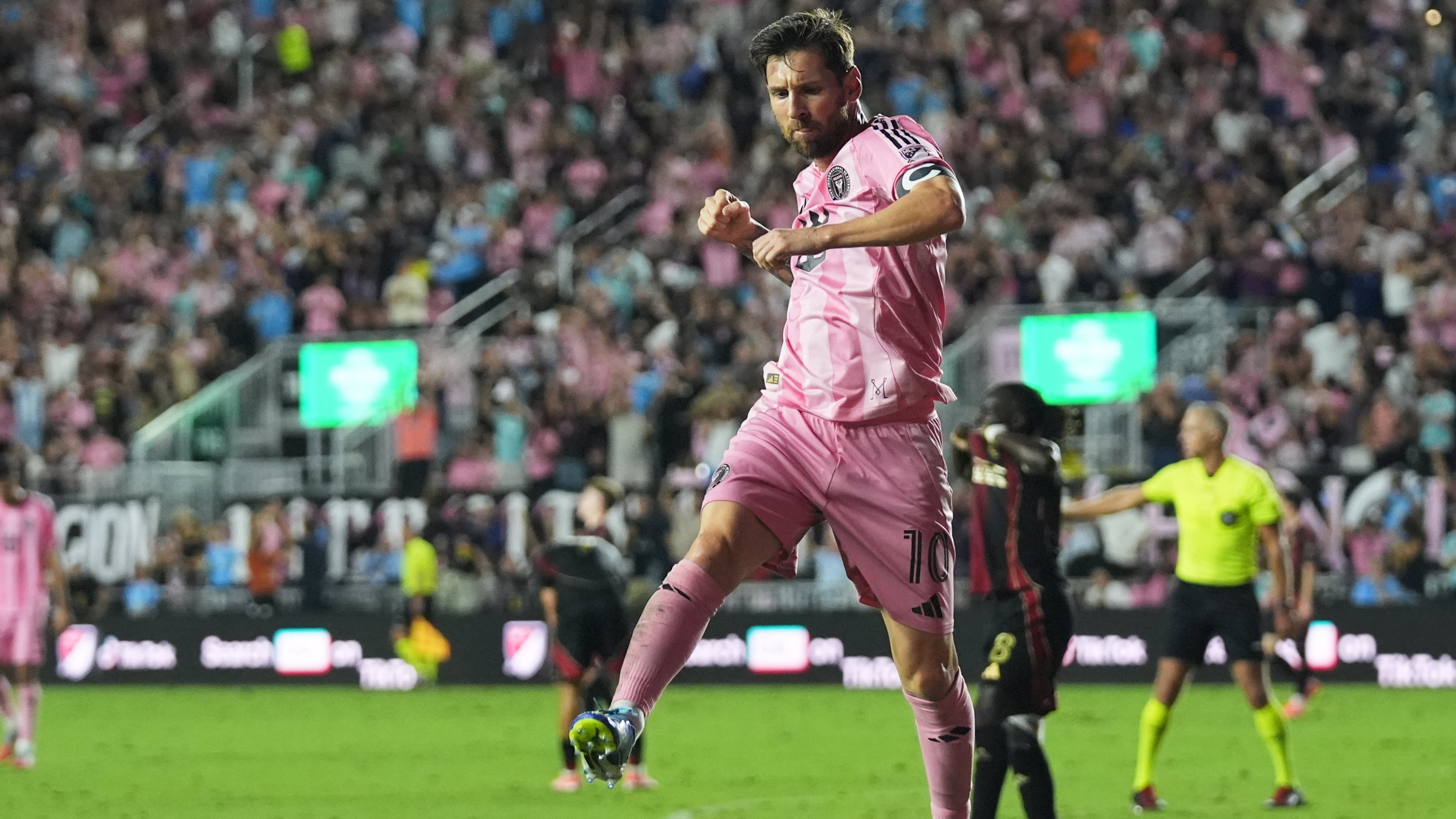 Inter Miami forward Lionel Messi reacts after scoring a goal during the first half of an MLS soccer match against Atlanta United, Saturday, Oct. 11, 2025, in Fort Lauderdale, Fla. (AP Photo/Lynne Sladky)