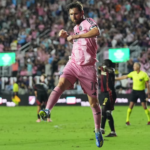 Inter Miami forward Lionel Messi reacts after scoring a goal during the first half of an MLS soccer match against Atlanta United, Saturday, Oct. 11, 2025, in Fort Lauderdale, Fla. (AP Photo/Lynne Sladky)