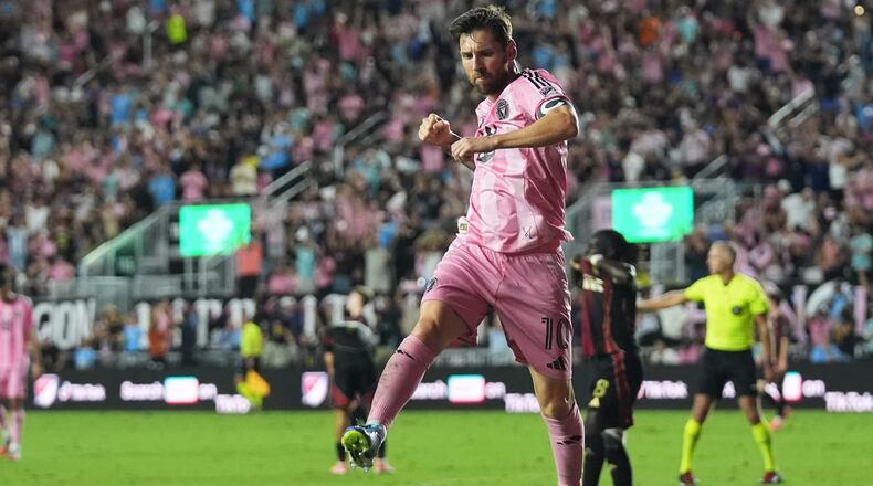 Inter Miami forward Lionel Messi reacts after scoring a goal during the first half of an MLS soccer match against Atlanta United, Saturday, Oct. 11, 2025, in Fort Lauderdale, Fla. (AP Photo/Lynne Sladky)