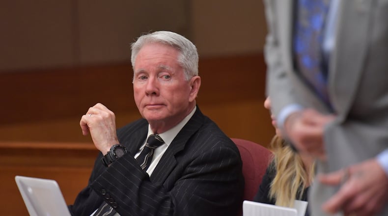 February 28, 2018 Atlanta - Tex McIver sits with his defense attorneys Amanda Clark Palmer, Bruce Harvey and Don Samuel during a pretrial hearing for Tex McIver before Fulton County Chief Judge Robert McBurney on Wednesday, February 28, 2018. HYOSUB SHIN / HSHIN@AJC.COM